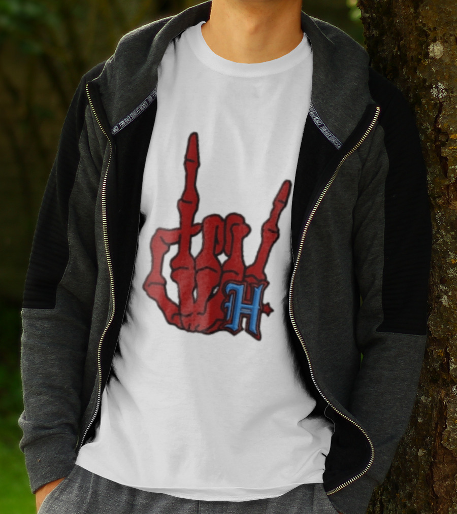 Red Skeleton Hand Sign With Blue H T-Shirt