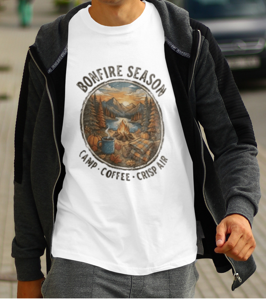 Bonfire Season Camp Coffee Crisp Air Scenic Autumn Mountains And Campfire T-Shirt
