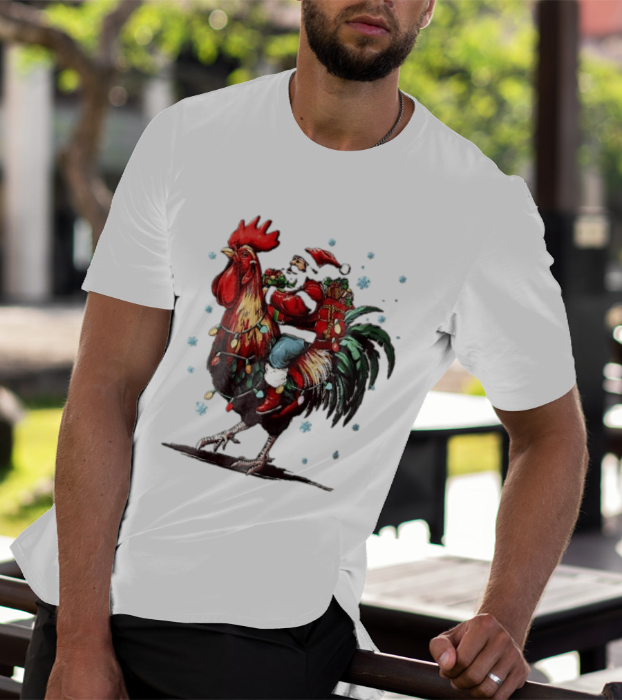 Caricature Santa Riding Rooster With Christmas Presents And Snowflakes T-Shirt