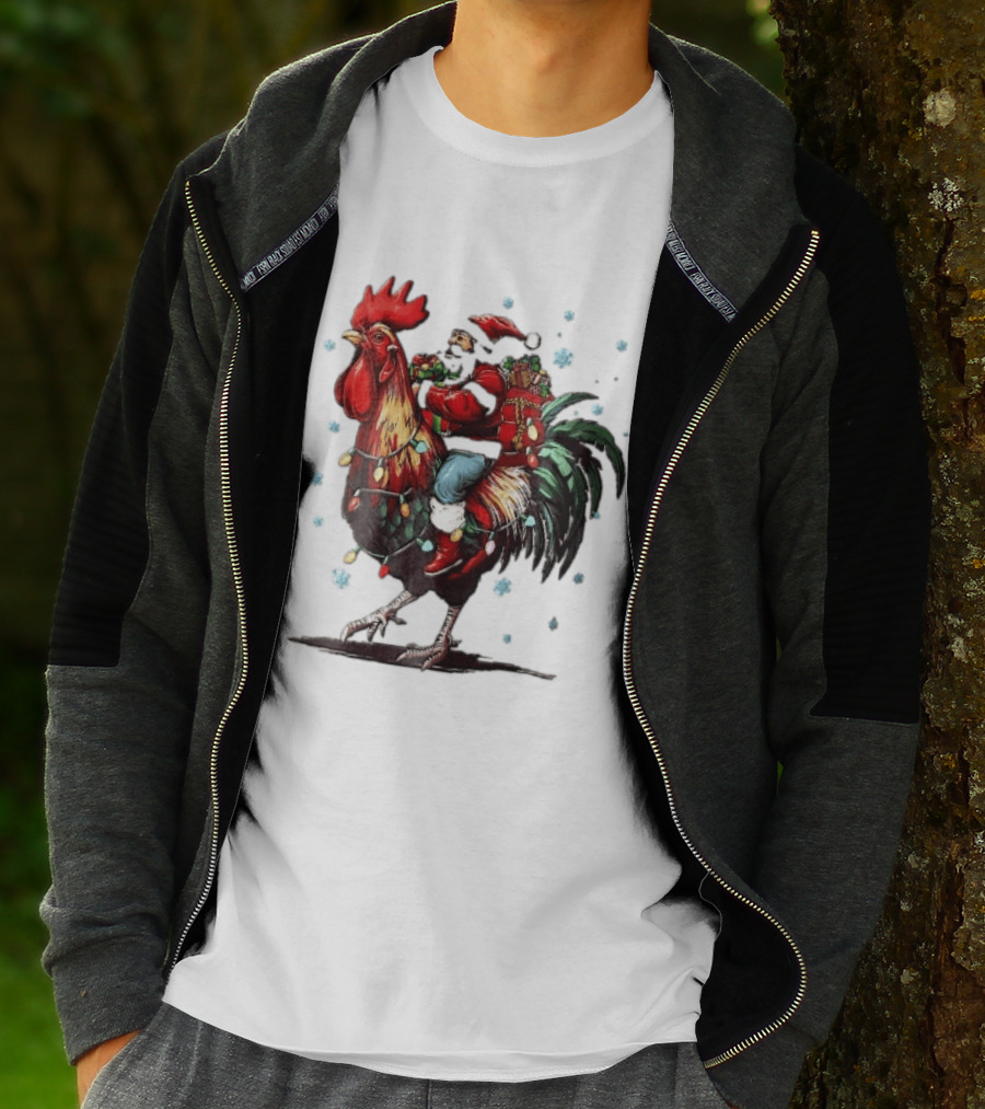 Caricature Santa Riding Rooster With Christmas Presents And Snowflakes T-Shirt