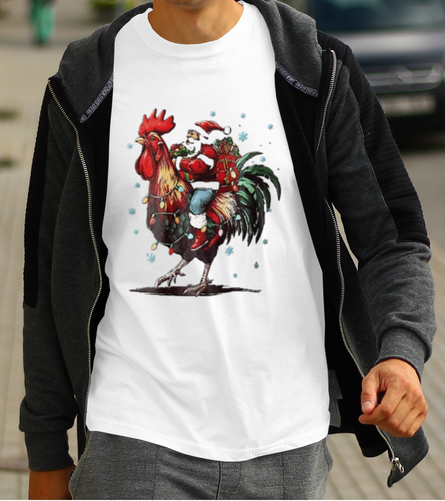 Caricature Santa Riding Rooster With Christmas Presents And Snowflakes T-Shirt