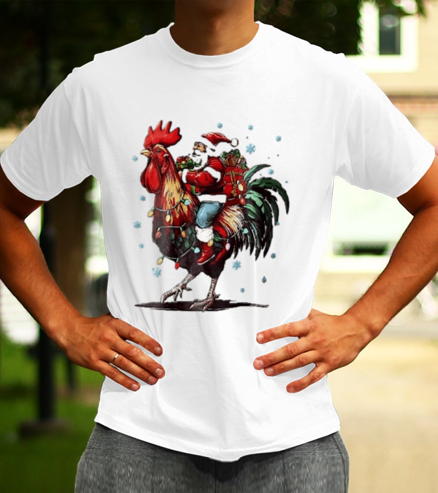Caricature Santa Riding Rooster With Christmas Presents And Snowflakes T-Shirt