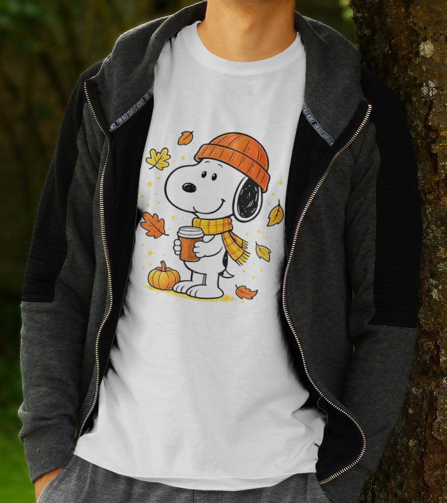 Snoopy Fall Autumn Coffee Pumpkin Leaves Warm Scarf Beanie Hat T-Shirt