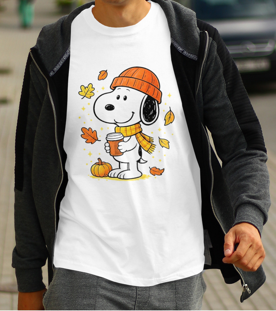 Snoopy Fall Autumn Coffee Pumpkin Leaves Warm Scarf Beanie Hat T-Shirt