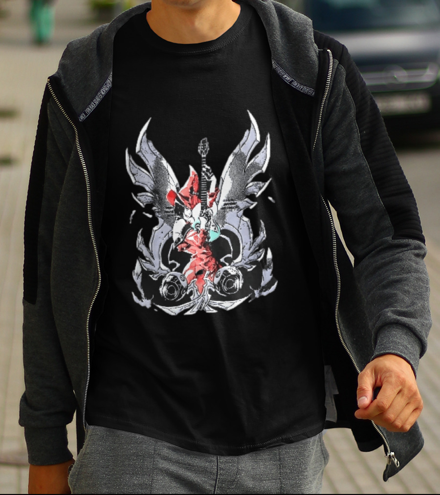 Anime Girl With Wings Holding Guitar Angelic Rock Star Fantasy T-Shirt