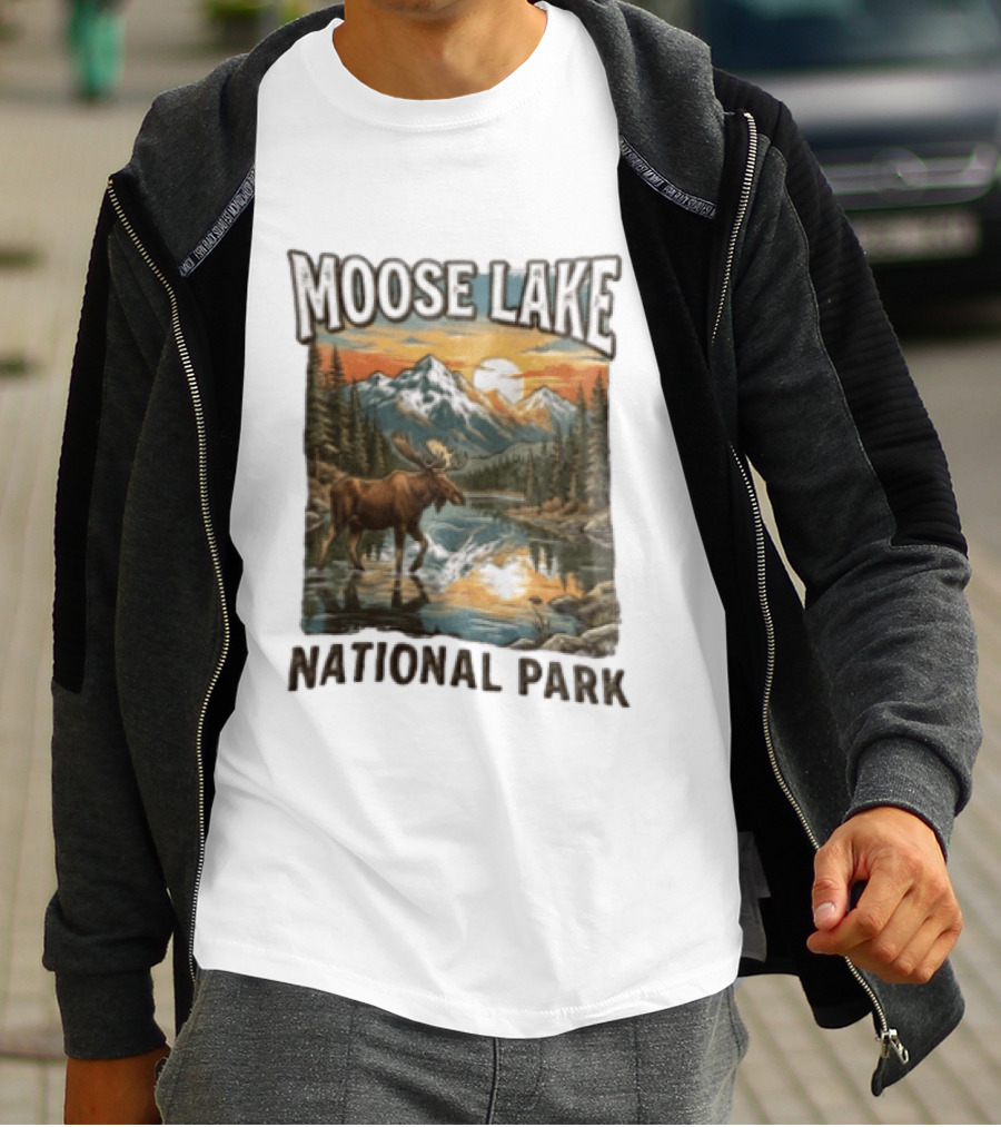 Moose Lake National Park Moose In Water Scenic Mountain Landscape T-Shirt