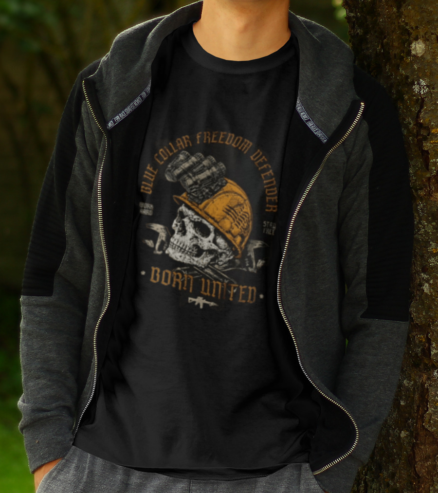 Blue Collar Freedom Defender Born United Stay Free Skull Helmet T-Shirt