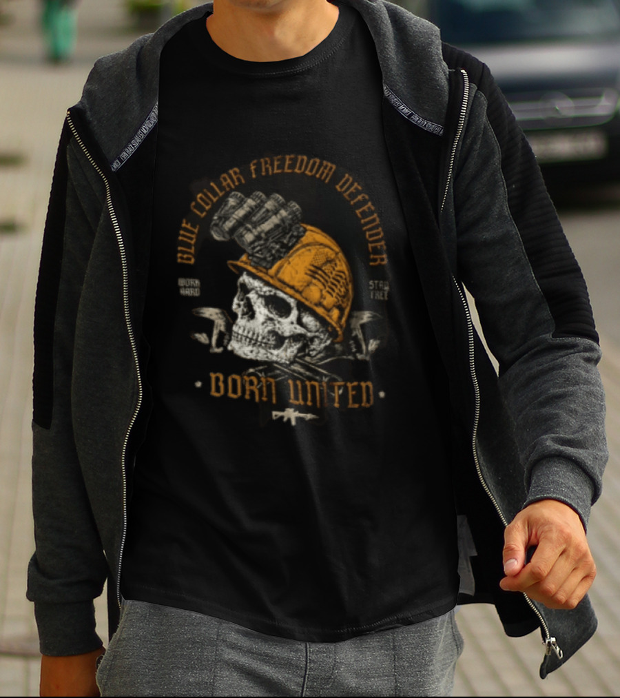 Blue Collar Freedom Defender Born United Stay Free Skull Helmet T-Shirt