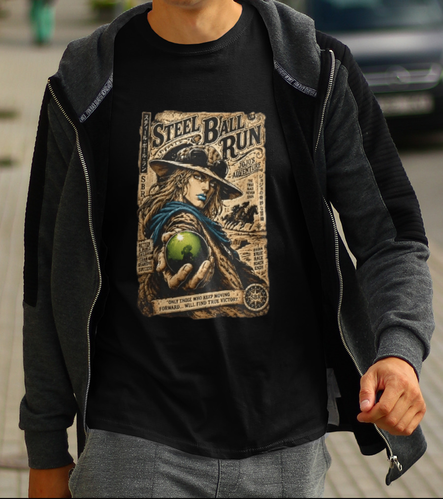 Steel Ball Run Jojo's Adventure Gyro Zeppeli Holding Steel Ball Desert Motif SBR True Man's World Ends Victory T-Shirt