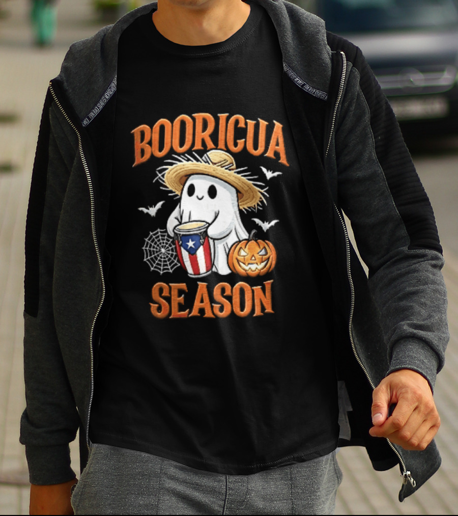Booricua Season Ghost With Puerto Rico Flag Conga And Pumpkin T-Shirt
