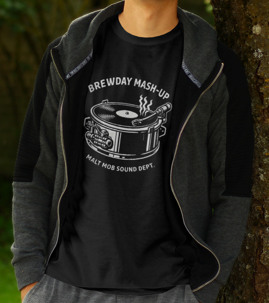 Brewday Mash Up Malt Mob Sound Dept Vinyl Record Player Brewing Kettle Steam T-Shirt