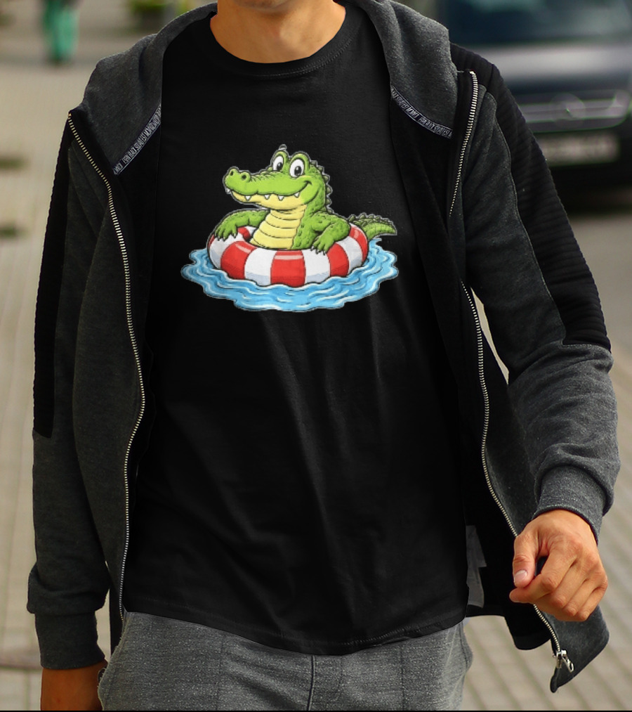 Cartoon Crocodile Relaxing In Red And White Life Buoy On Water T-Shirt