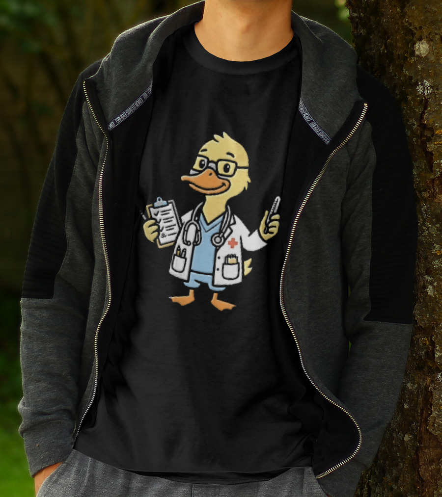 Cartoon Yellow Duck Doctor With Stethoscope Thermometer And Clipboard T-Shirt
