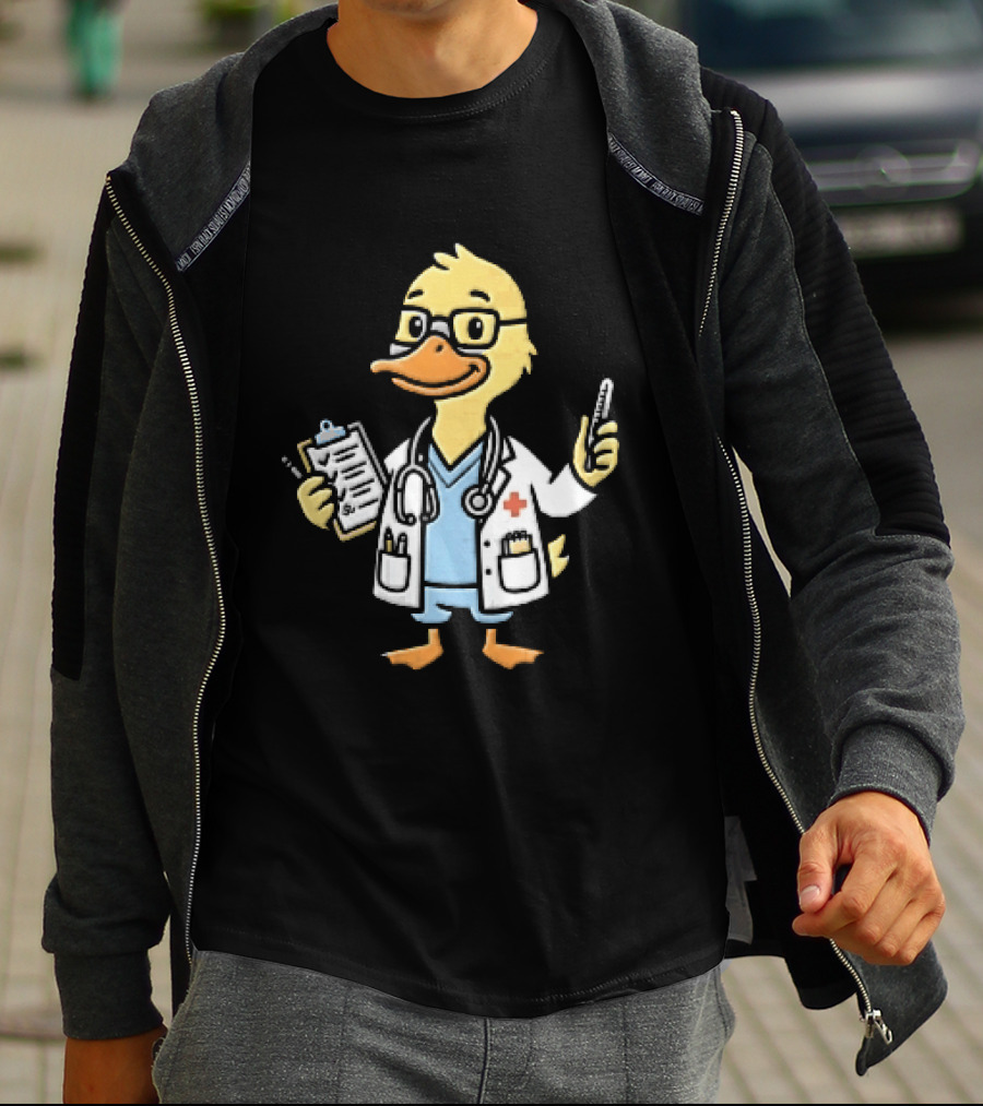 Cartoon Yellow Duck Doctor With Stethoscope Thermometer And Clipboard T-Shirt
