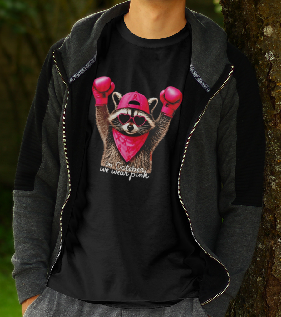 In October We Wear Pink Raccoon Breast Cancer Support Squad Boxing Gloves And Heart Glasses T-Shirt