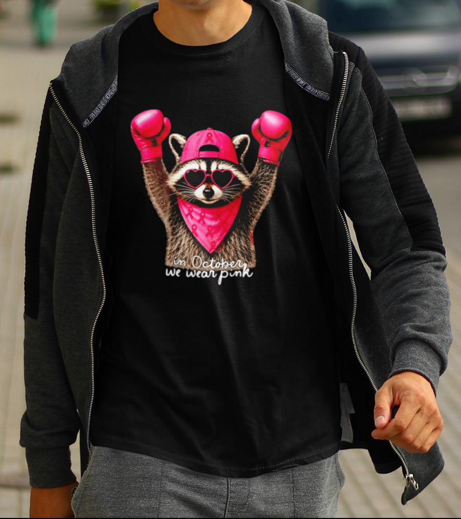 In October We Wear Pink Raccoon Breast Cancer Support Squad Boxing Gloves And Heart Glasses T-Shirt