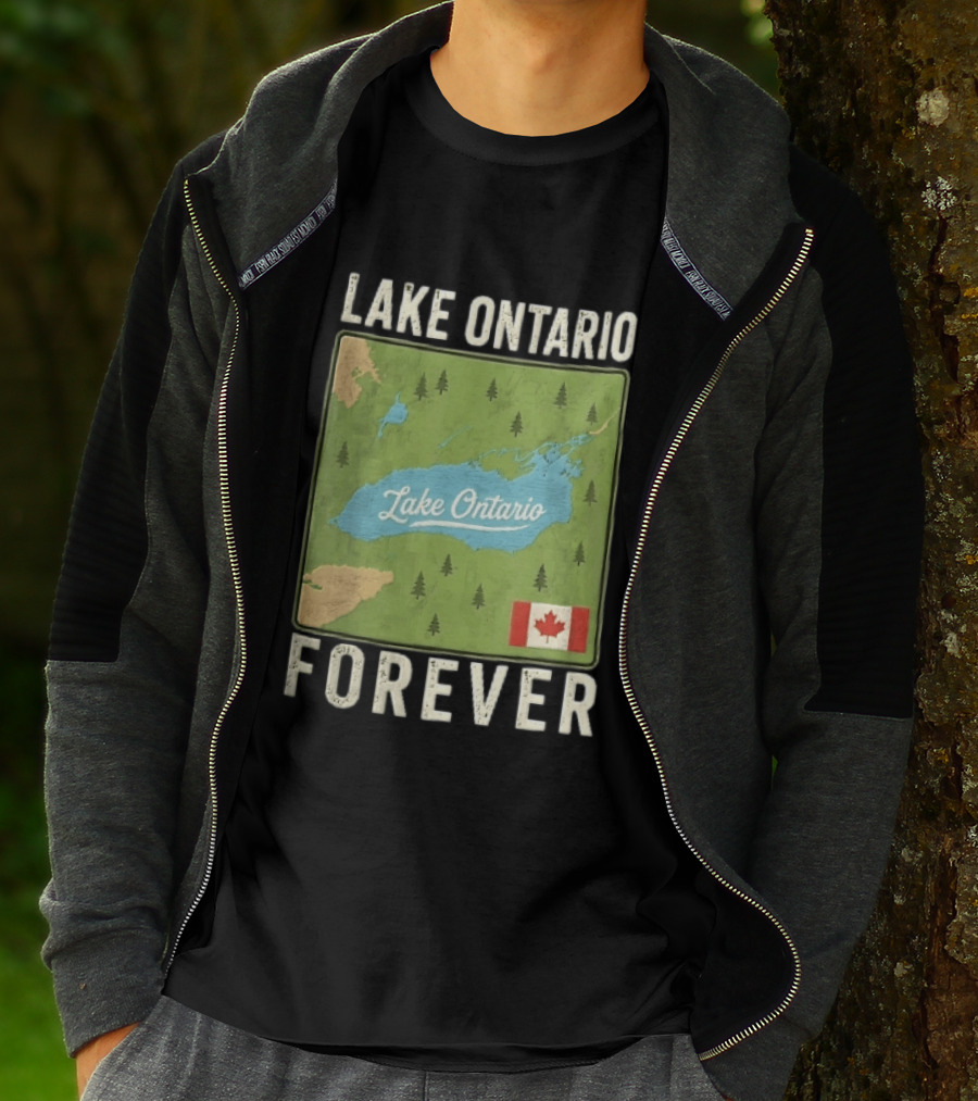 Lake Ontario Forever Distressed Map With Canadian Flag And Pine Trees T-Shirt