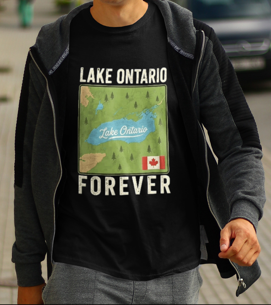 Lake Ontario Forever Distressed Map With Canadian Flag And Pine Trees T-Shirt