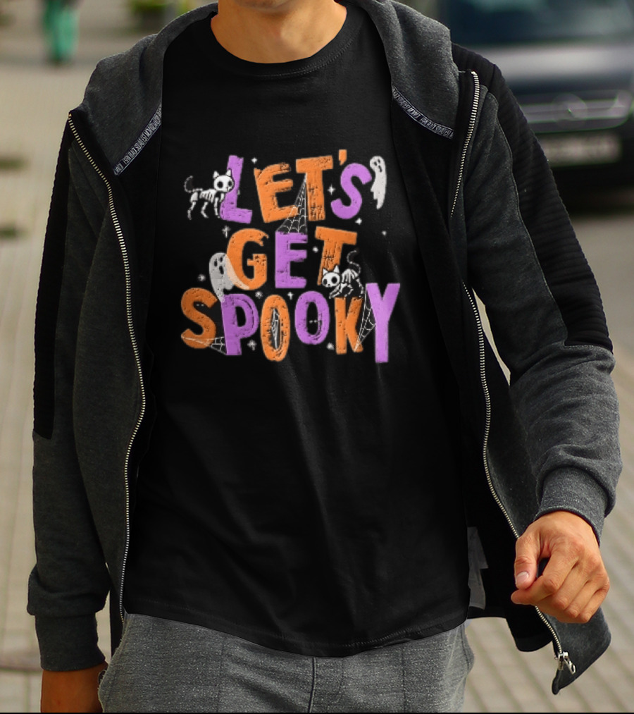 Let's Get Spooky Skeleton Cats Ghosts Spiderwebs Halloween T-Shirt