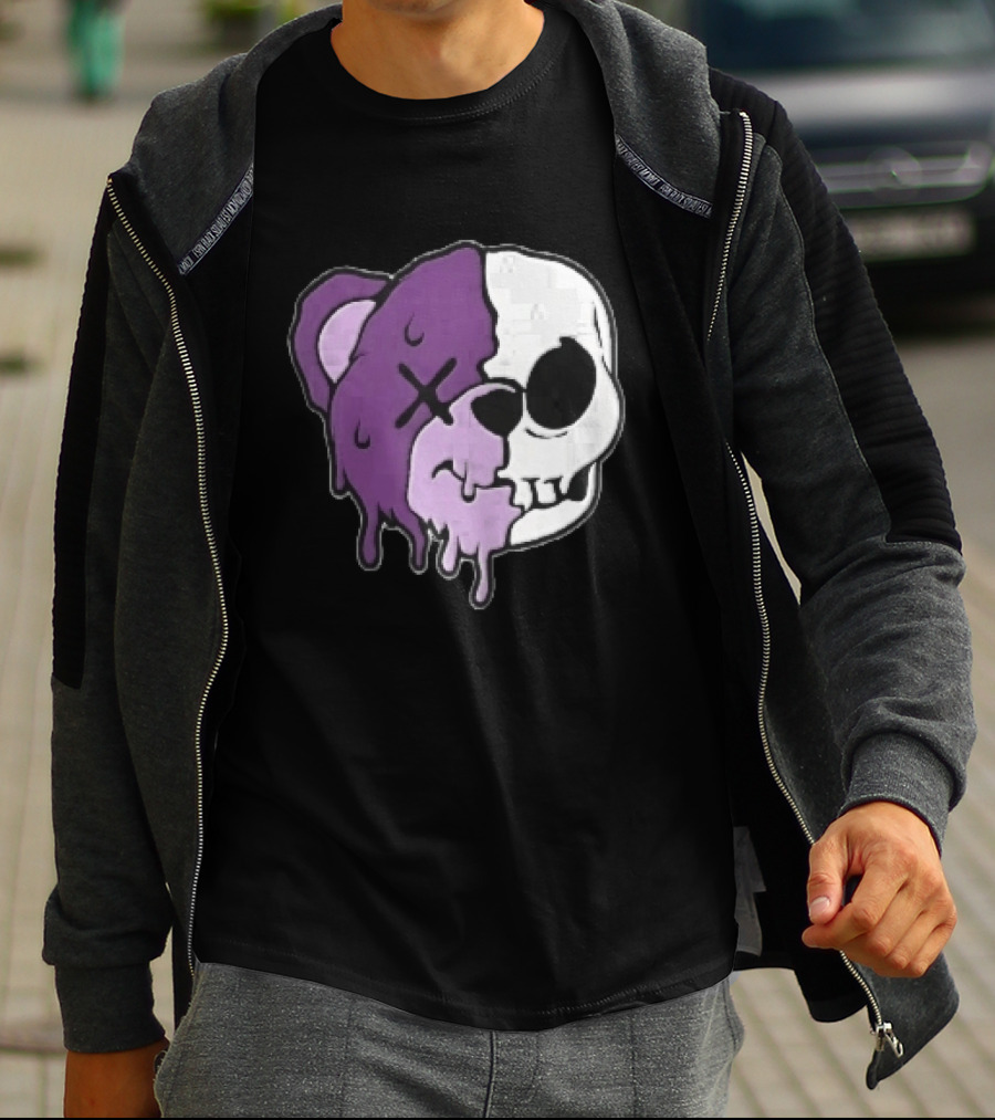 Dripping Purple Teddy Bear Skull Split Face Cartoon T-Shirt