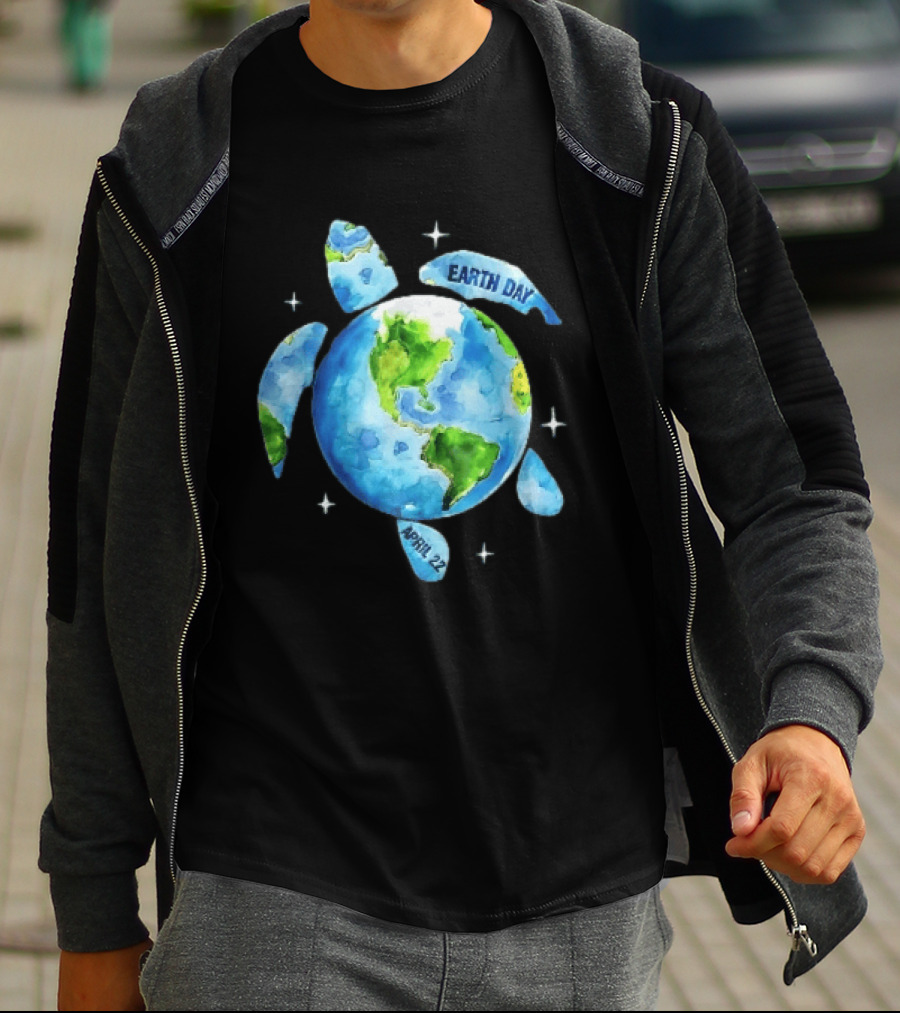 Earth Day April 22 Watercolor Globe Sea Turtle Outer Space T-Shirt
