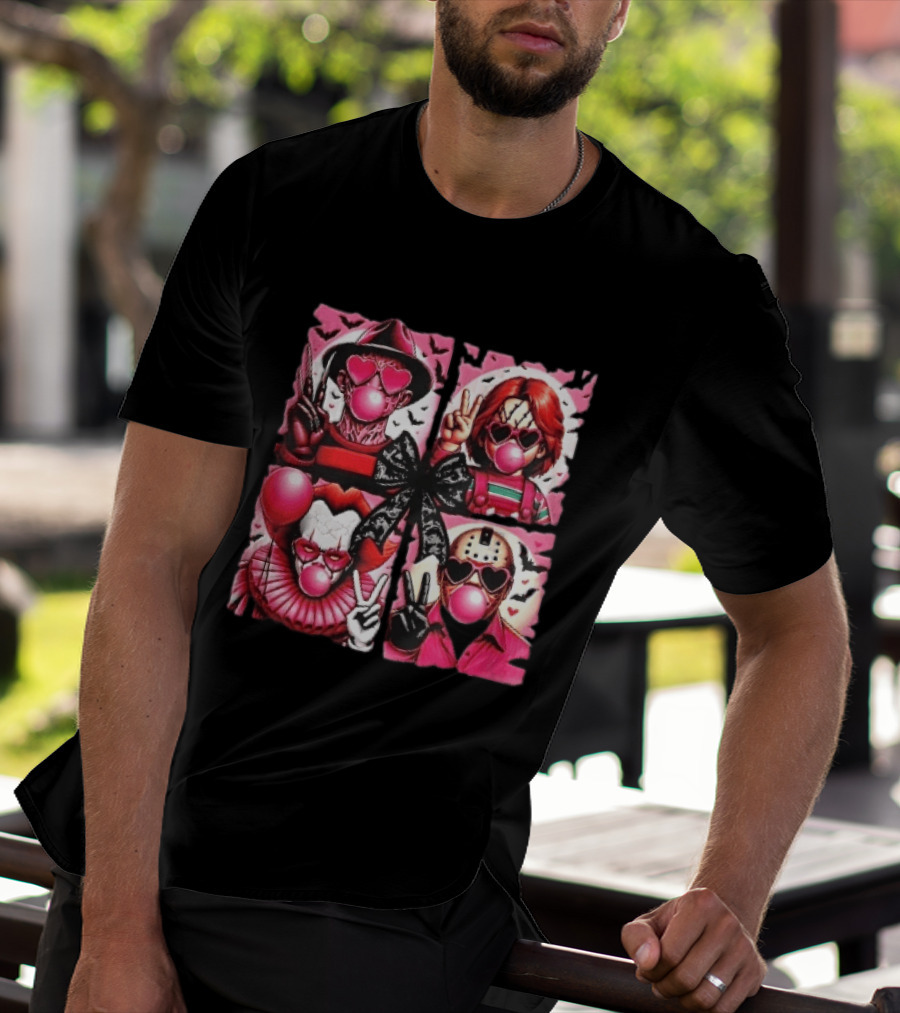 Heart Sunglasses Bubblegum Horror Villains With Peace Signs And Lace Bow T-Shirt