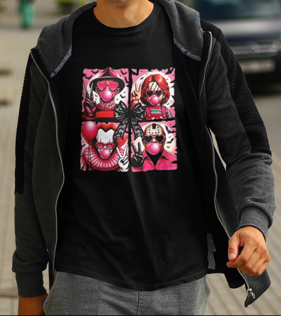 Heart Sunglasses Bubblegum Horror Villains With Peace Signs And Lace Bow T-Shirt