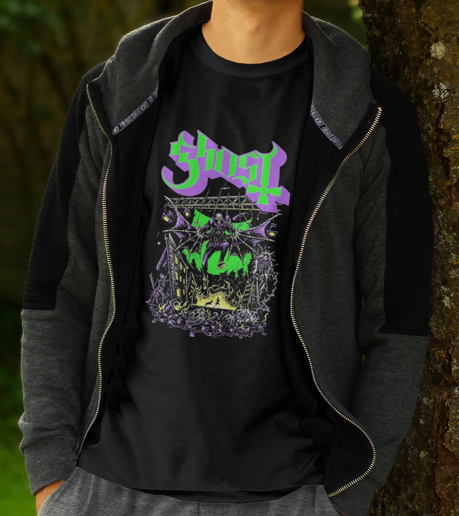 Ghost 2 Big To Rig Cursed Production Artwork With Bat Wings And Fire Scene T-Shirt