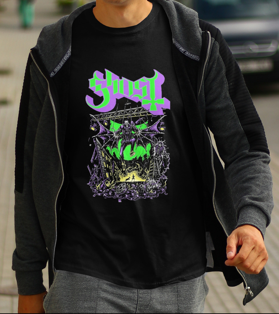 Ghost 2 Big To Rig Cursed Production Artwork With Bat Wings And Fire Scene T-Shirt