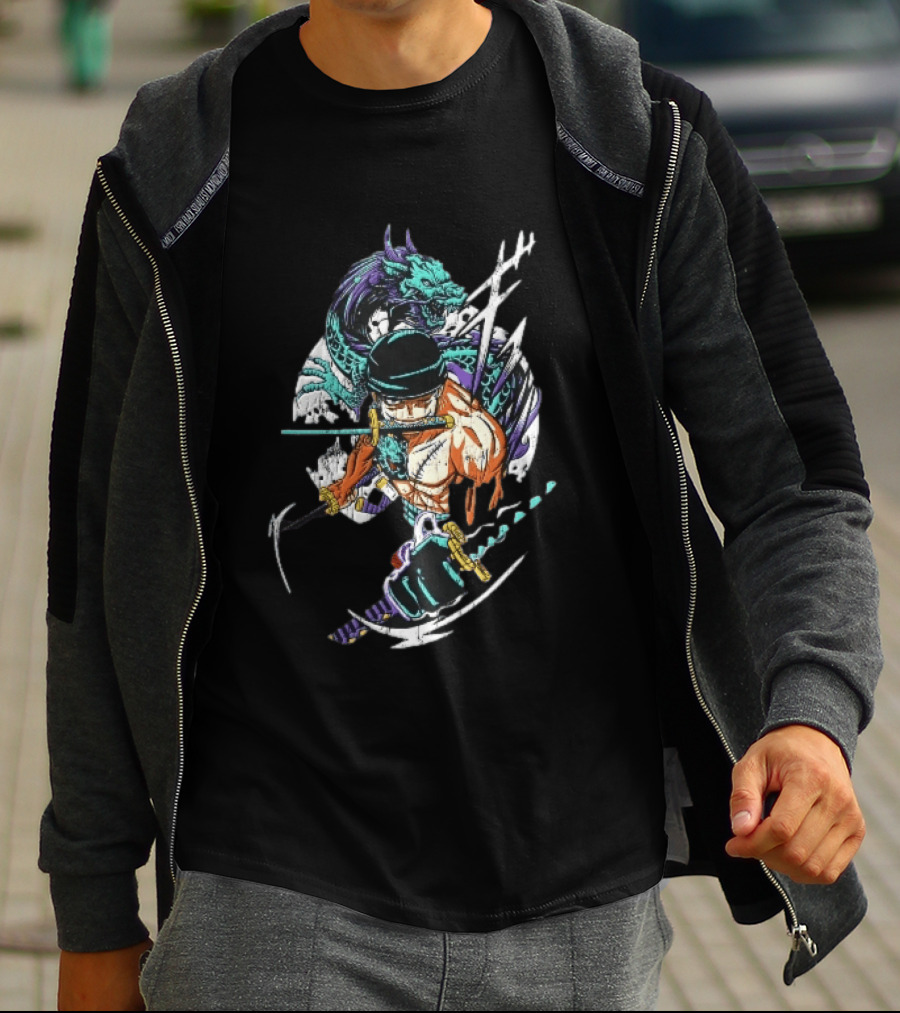 Three Sword Anime Fighter Green Dragon Warrior Distressed T-Shirt