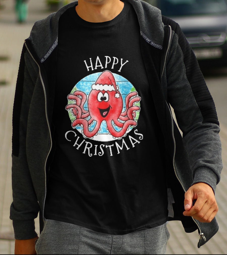 Happy Christmas Red Octopus Santa Hat Ocean Scene T-Shirt