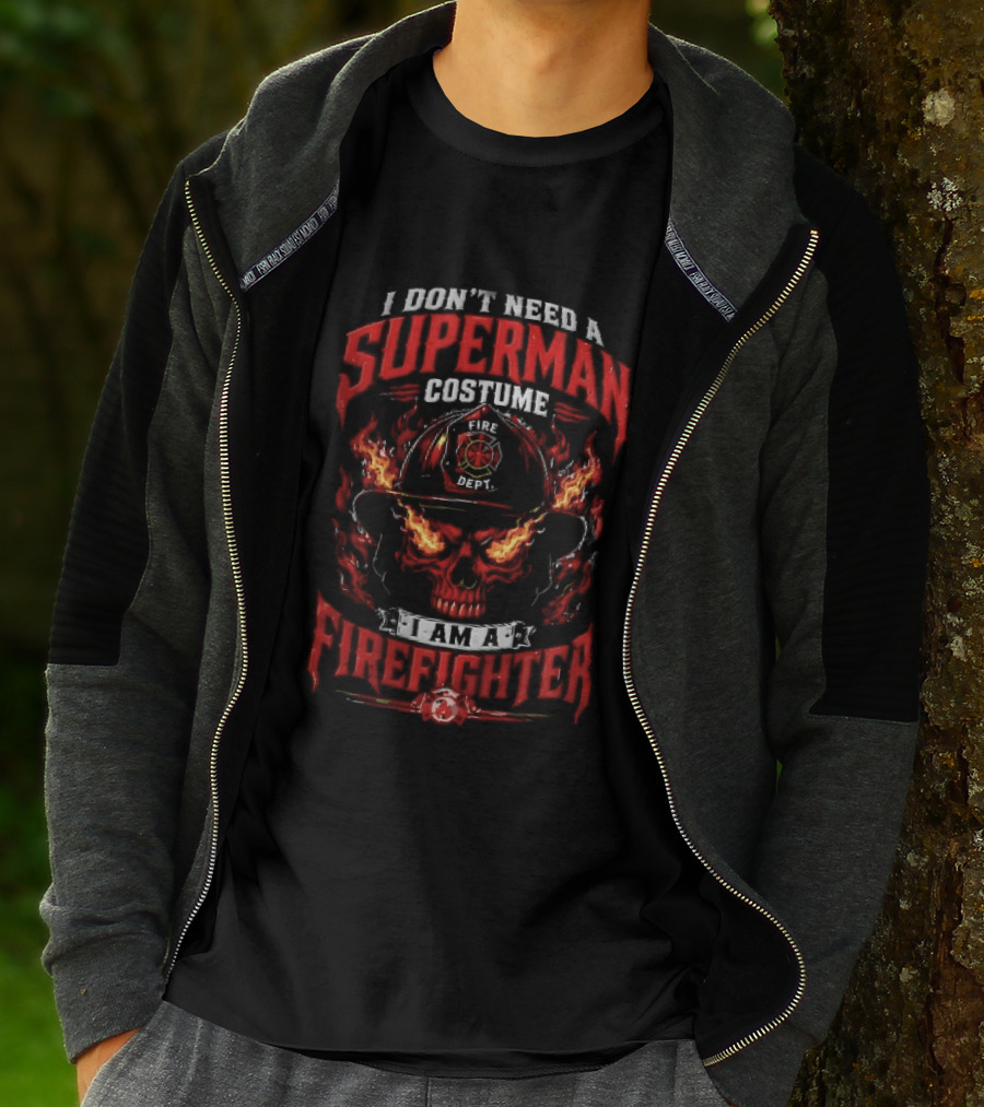 I Dont Need A Superman Costume Am Firefighter Flaming Skull Helmet Fire Dept Orange Flames T-Shirt