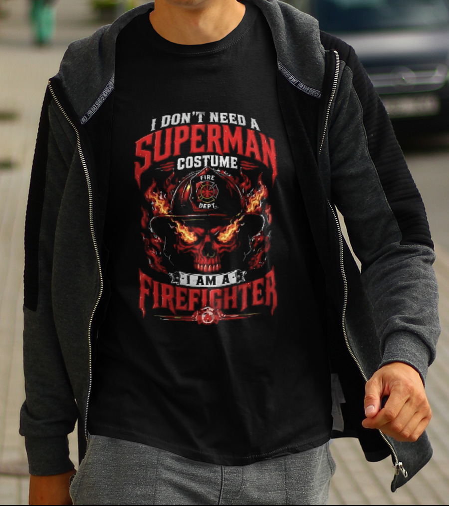 I Dont Need A Superman Costume Am Firefighter Flaming Skull Helmet Fire Dept Orange Flames T-Shirt