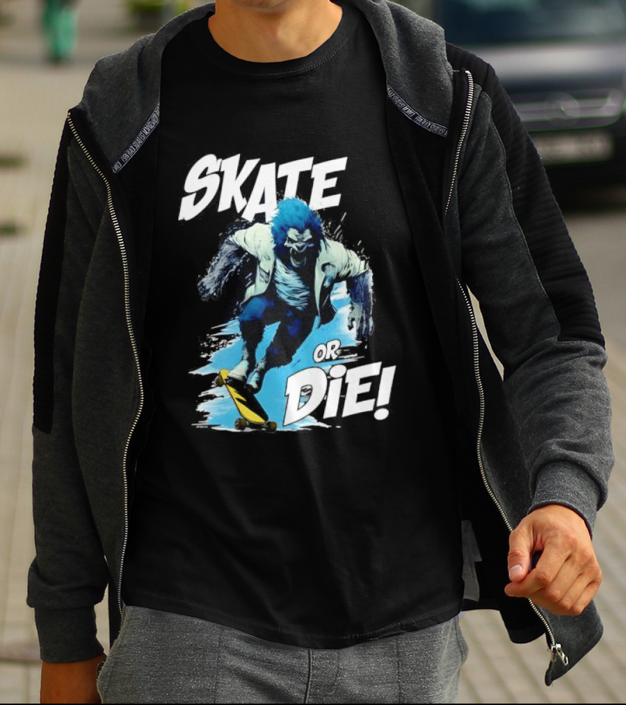 Skate Or Die Wolfy Classic Blue Werewolf Skateboarding T-Shirt