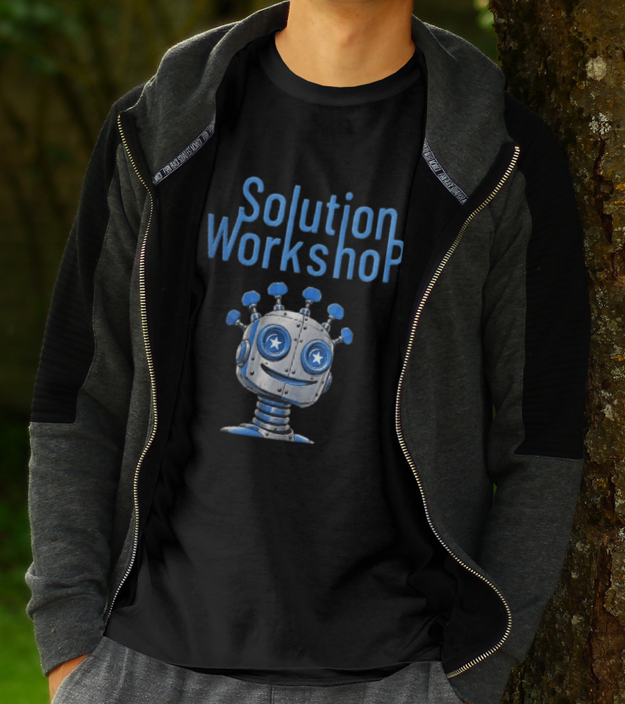 Solution Workshop Cartoon Metallic Robot Head With Star Eyes And Guitar Tuning Pegs T-Shirt