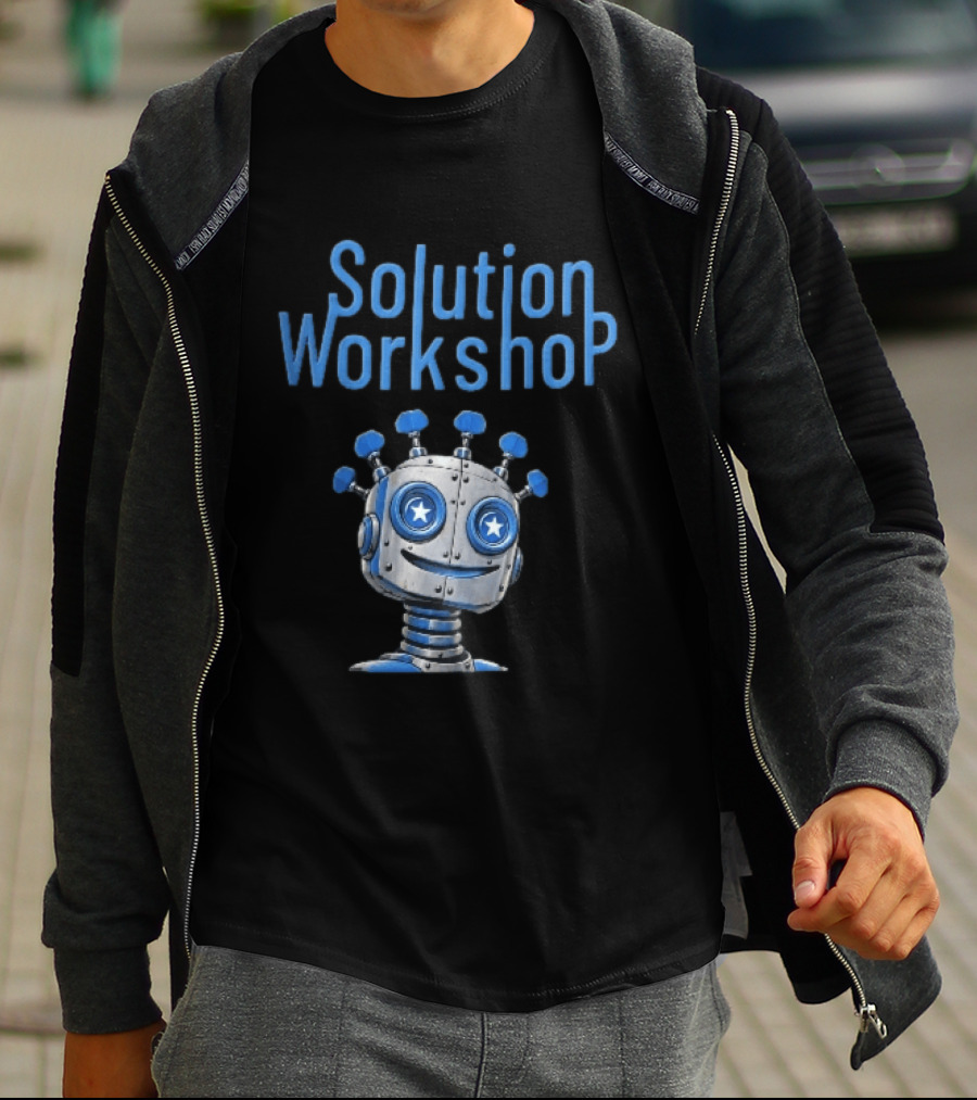 Solution Workshop Cartoon Metallic Robot Head With Star Eyes And Guitar Tuning Pegs T-Shirt