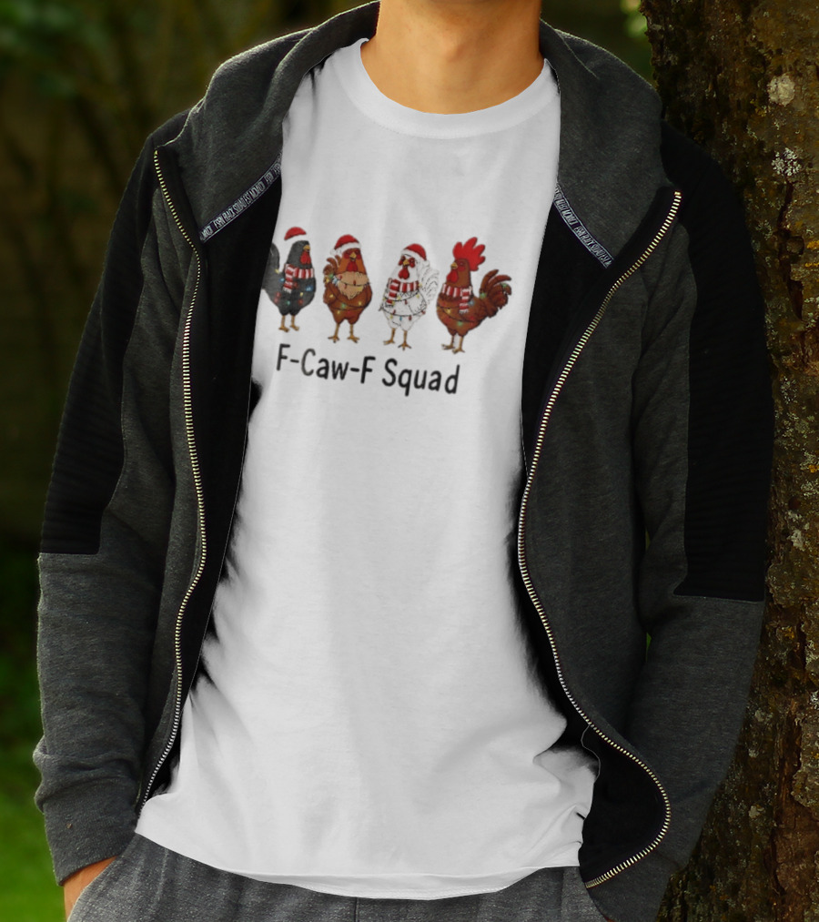 F Caw F Squad Four Chickens Santa Hats Christmas Lights Scarf Accessories T-Shirt