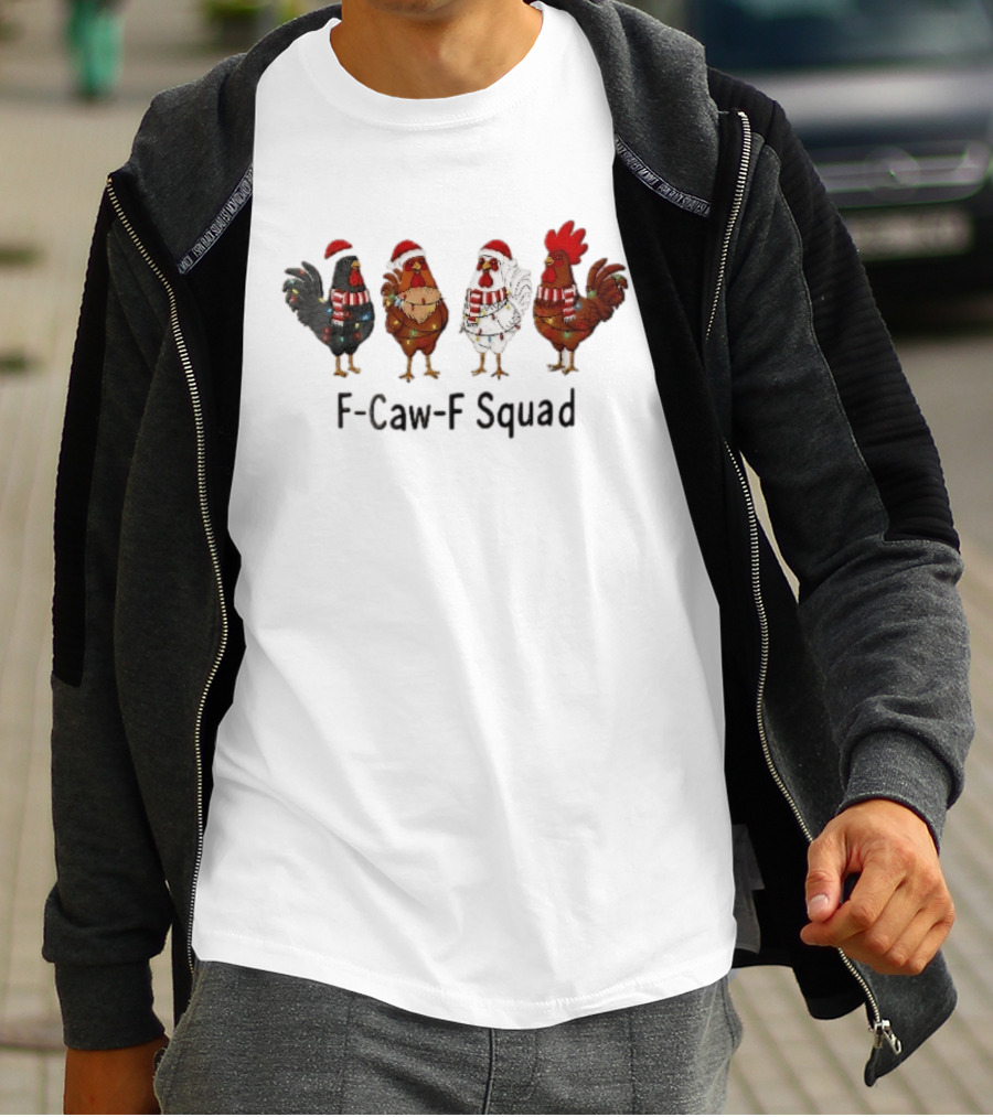 F Caw F Squad Four Chickens Santa Hats Christmas Lights Scarf Accessories T-Shirt