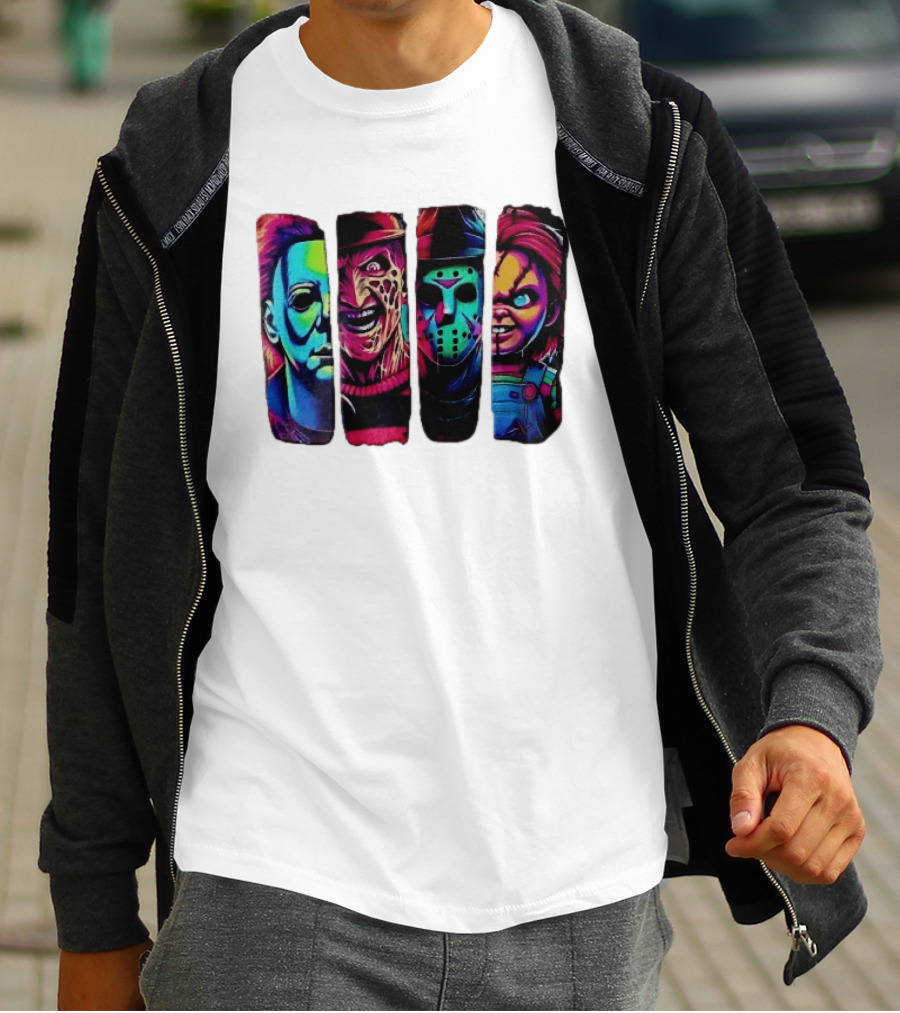 Fluorescent Horror Movie Slasher Faces Vertical Panels T-Shirt