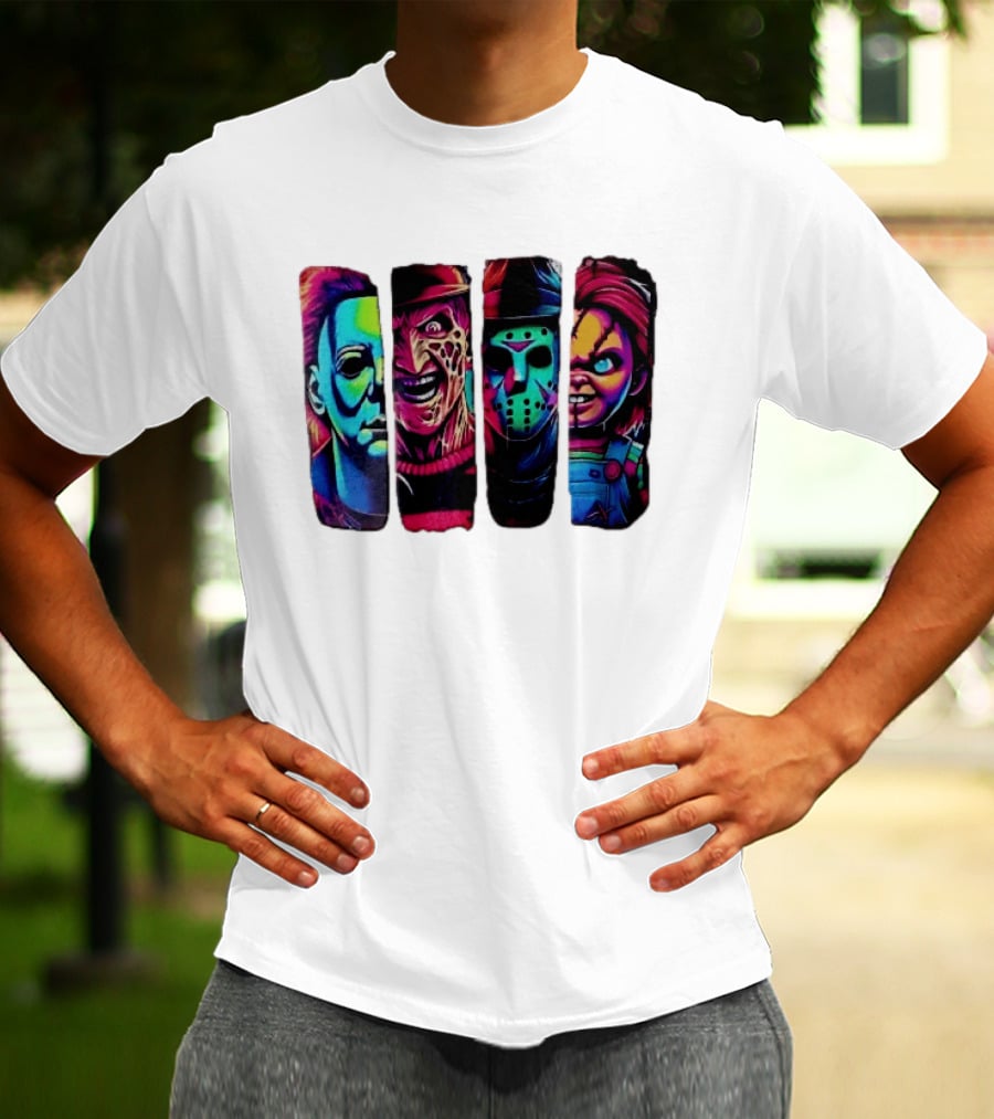 Fluorescent Horror Movie Slasher Faces Vertical Panels T-Shirt