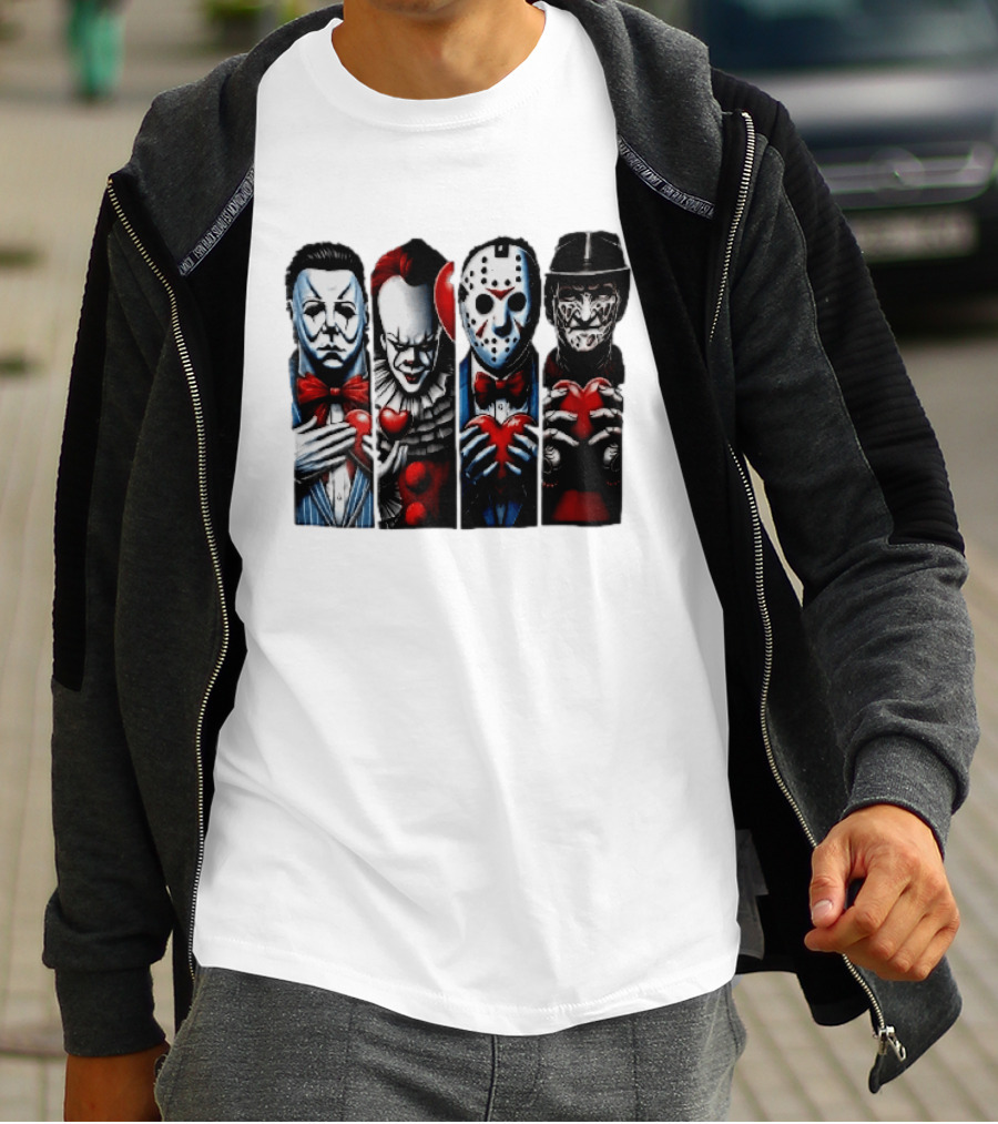 Classic Horror Villains With Red Valentine Hearts T-Shirt
