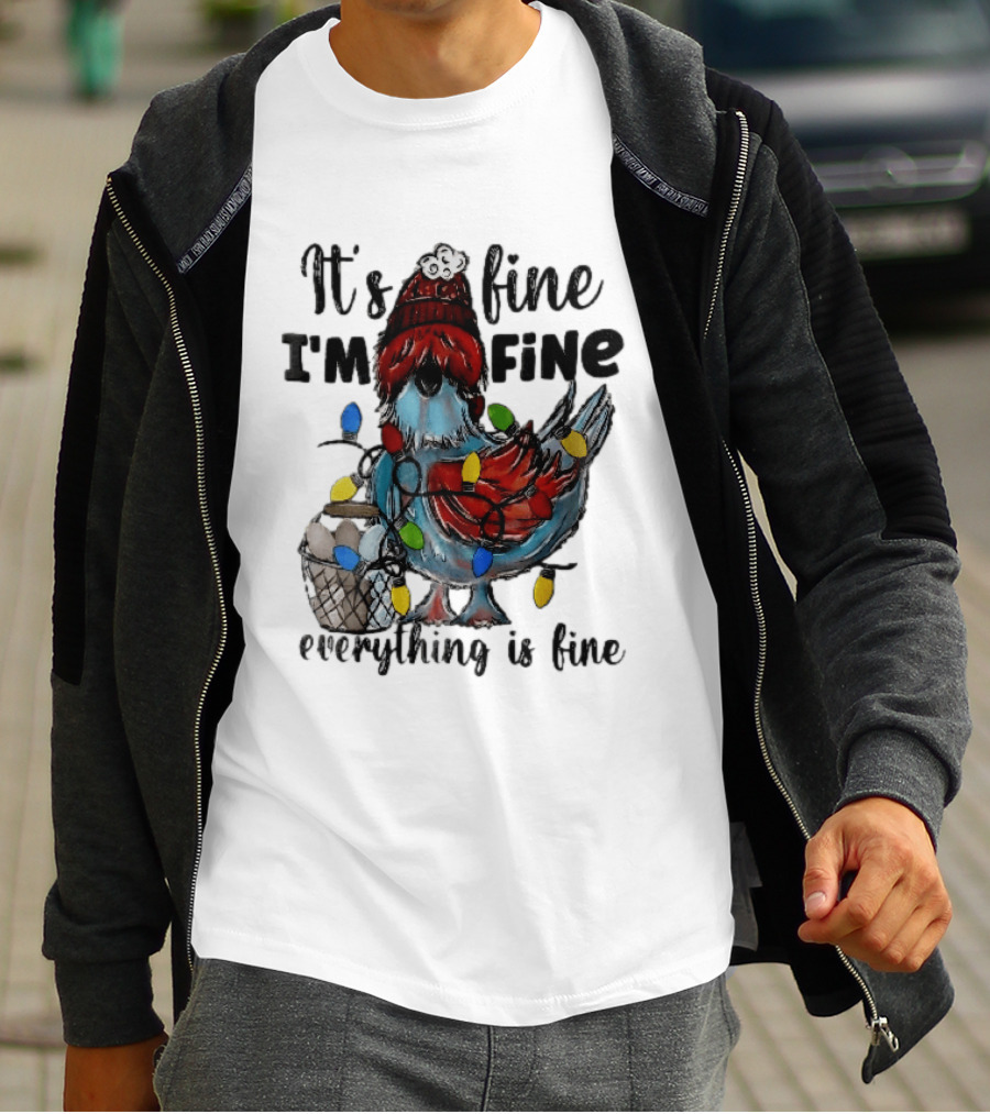 It's Fine I'm Fine Everything Is Fine Cartoon Chicken Tangled Christmas Lights T-Shirt