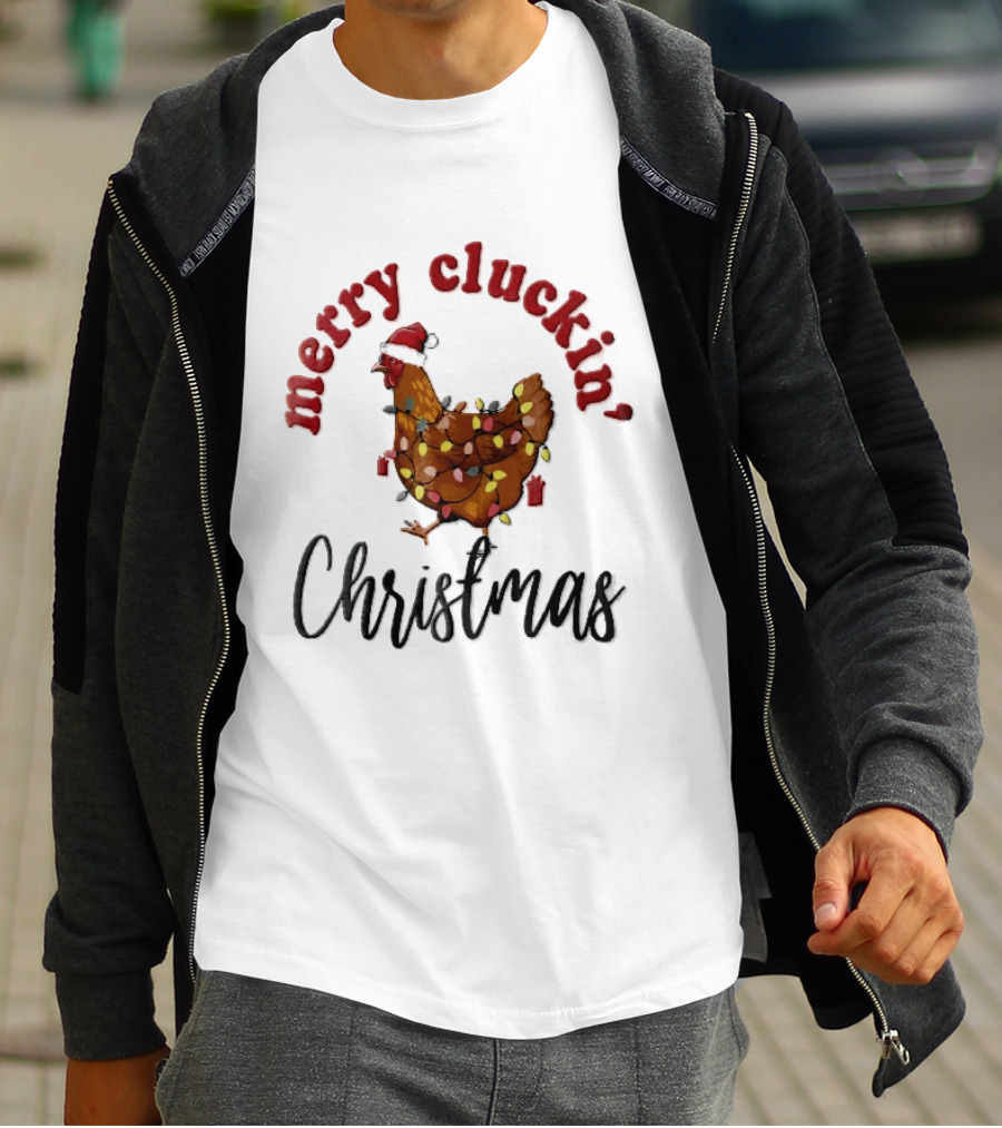 Merry Cluckin Christmas Chicken Santa Hat Colorful String Lights T-Shirt