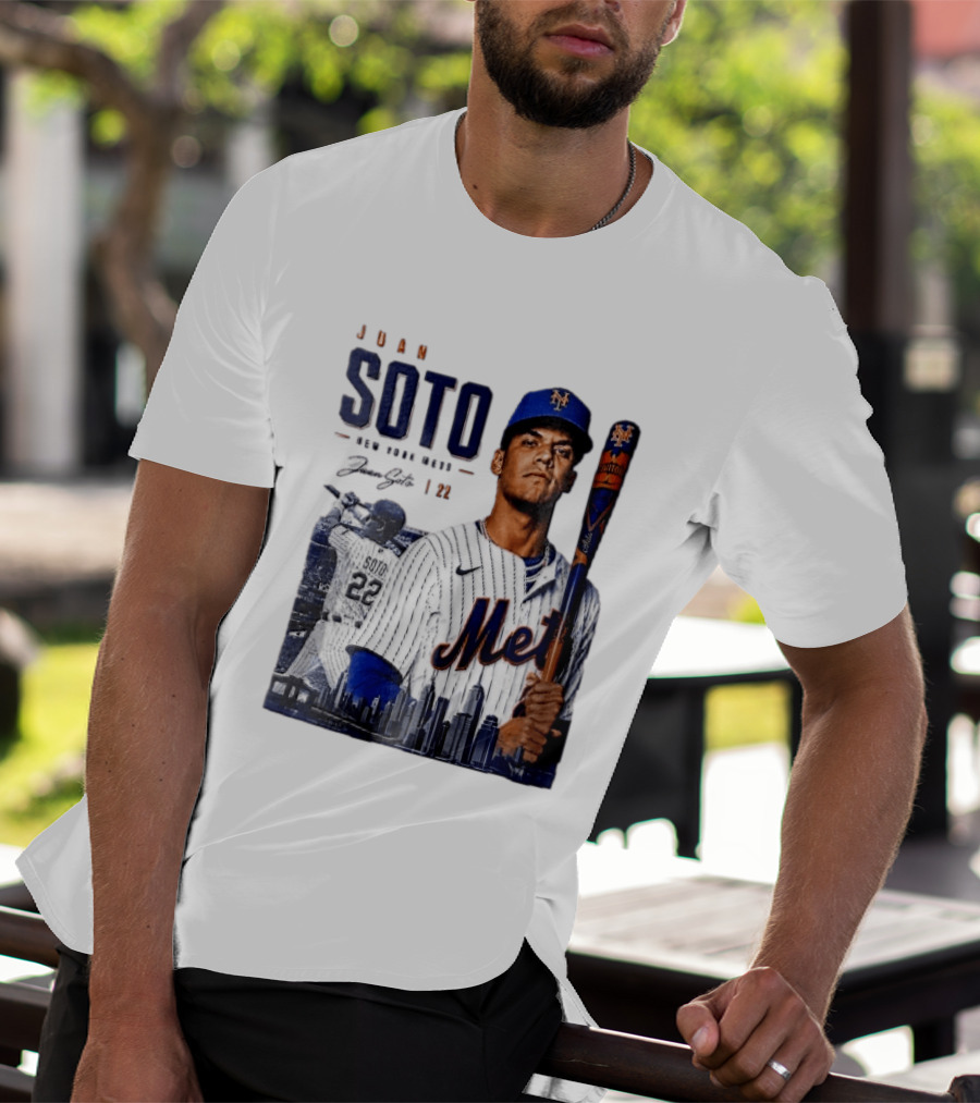 Juan Soto New York Mets MLB 22 Player Batting Skyline Collage T-Shirt