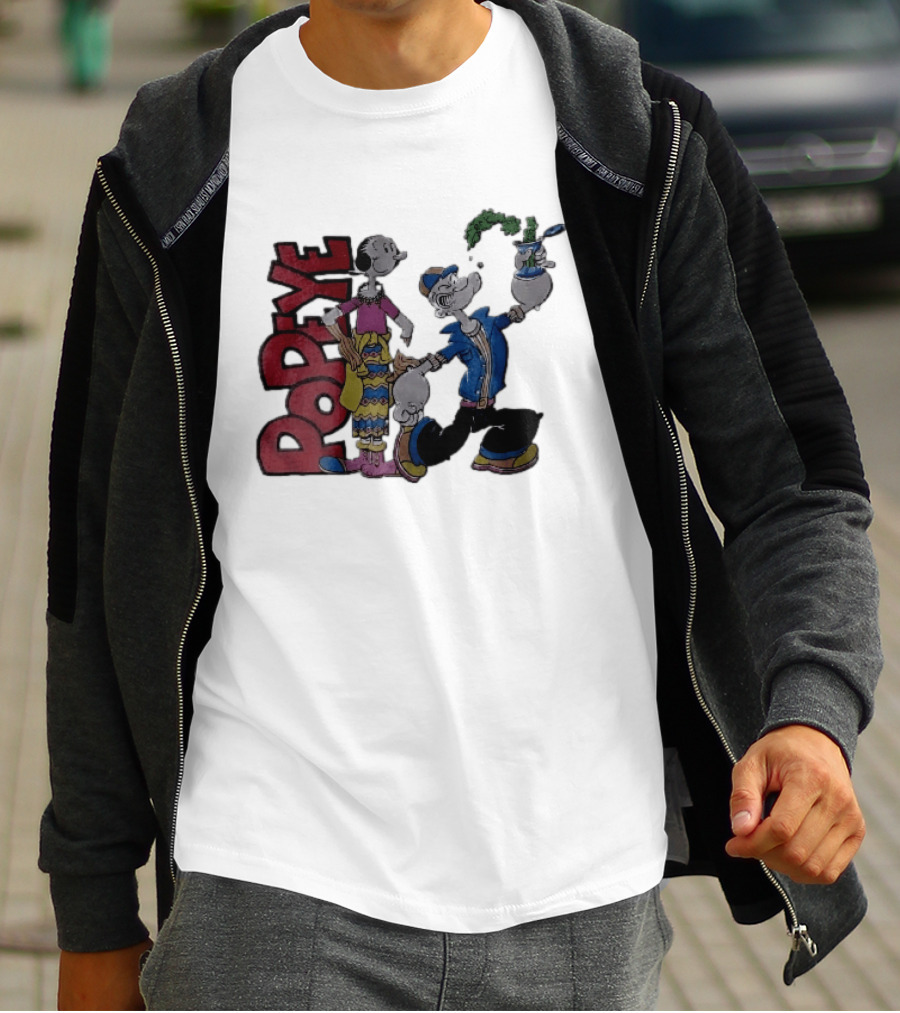 Popeye Cartoon Character With Olive Oyl Squeezing Spinach Can T-Shirt