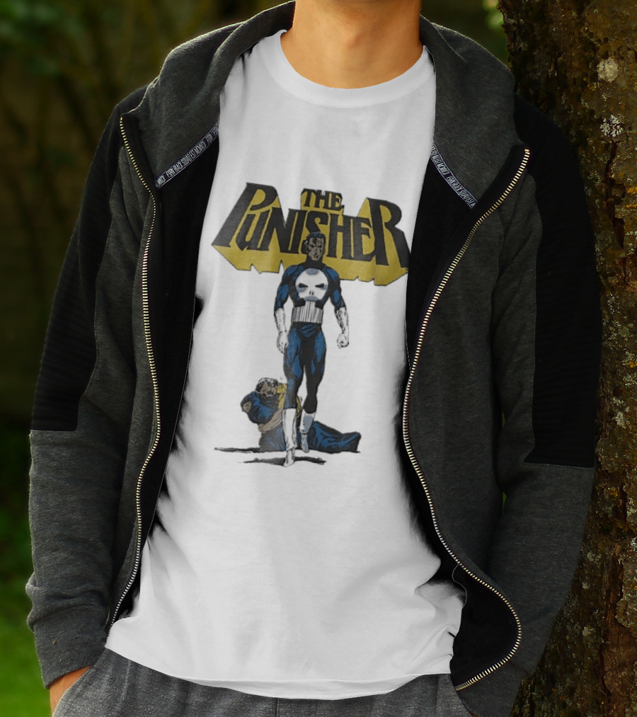 The Punisher Superhero Skull Comic Walking Scene With Defeated Man T-Shirt