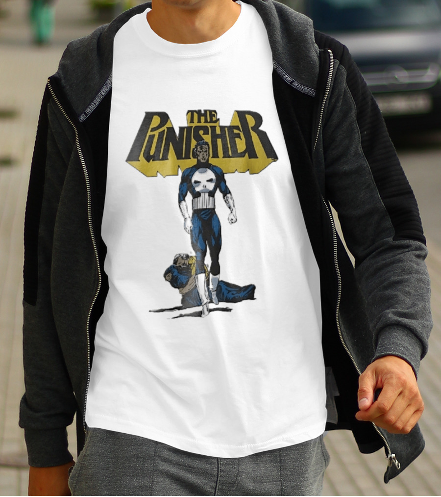 The Punisher Superhero Skull Comic Walking Scene With Defeated Man T-Shirt