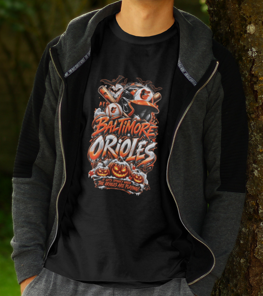 Baltimore Orioles MLB It Gets Spooky When They Are Playing Halloween Pumpkins Baseball T-Shirt