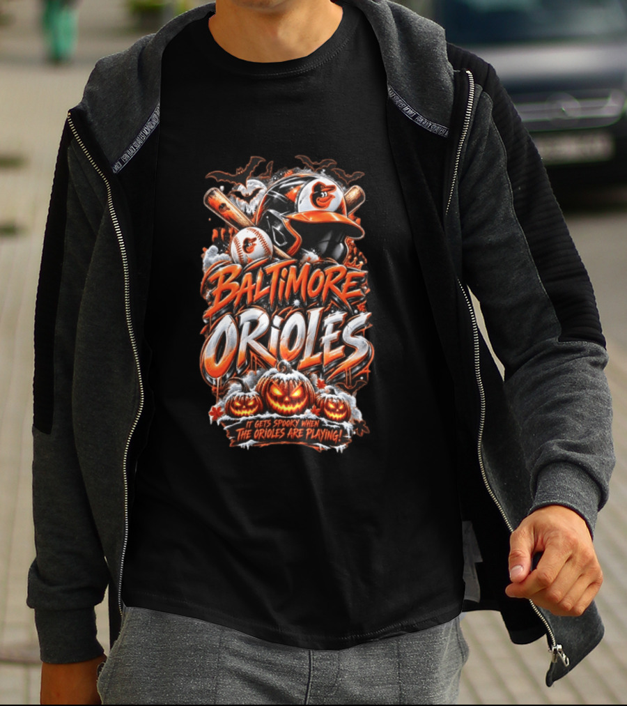 Baltimore Orioles MLB It Gets Spooky When They Are Playing Halloween Pumpkins Baseball T-Shirt