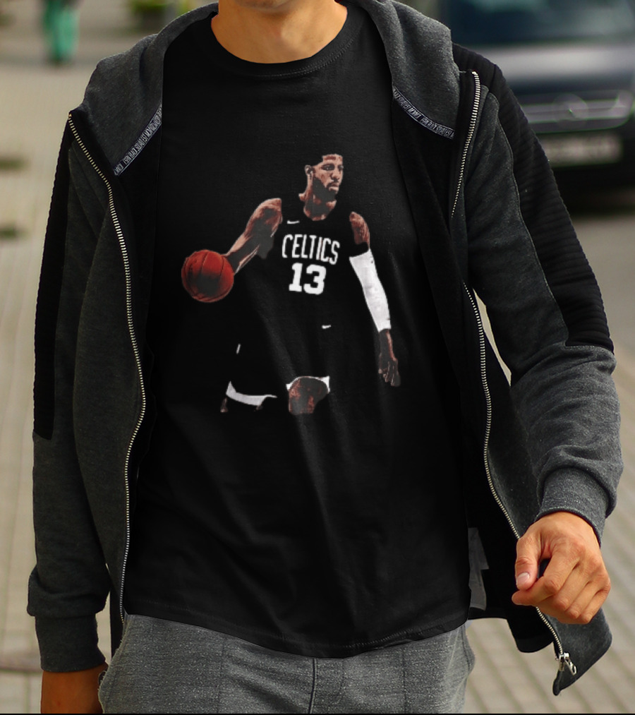 Boston Celtics 13 Bearded Basketball Player Dribbling Dark T-Shirt
